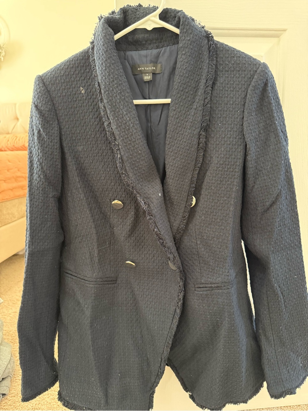 Ann Taylor Dark Navy Fringed Double-Breasted Blazer